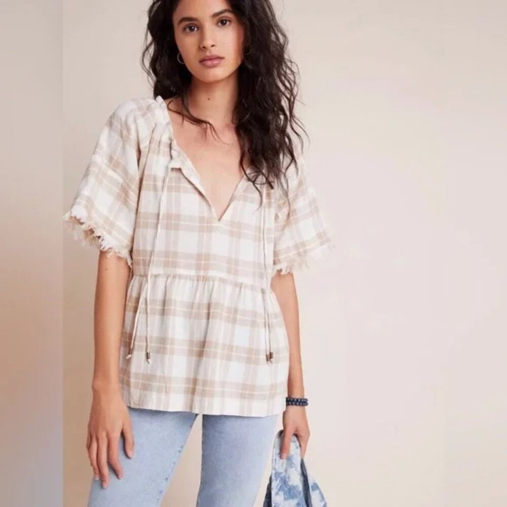 Anthropologie Pilcro Blouse Plaid Neutral Babydoll Fringe Top Size Medium